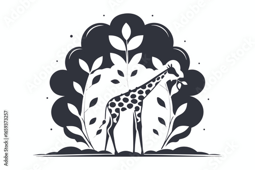 Whimsical Giraffe Design in Black and White with Leaf, Cartoon Style