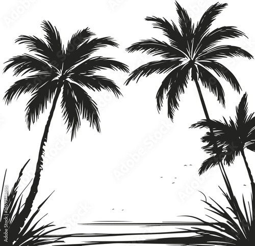 Black and white hand-drawn tropical palm tree vector, minimal doodle style, bold smooth ink line art, abstract beach silhouette, professional high-quality vector illustration 2