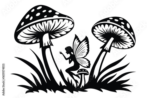 Mushroom Fairy Silhouette on Toadstool with Spotted Caps White Background