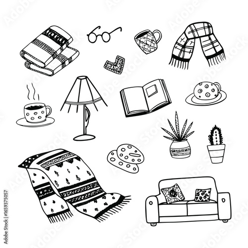 cozy home set collection of hand drawn illustrations