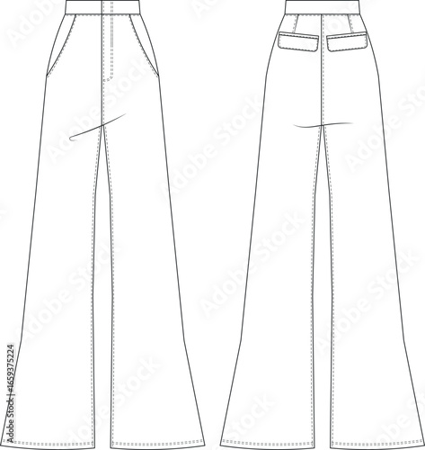 with pockets high rise waist wide leg palazzo darted tailored pant trouser template technical drawing flat sketch cad mockup fashion woman design style model 
