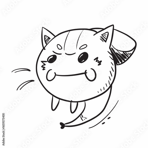 Whimsical hand-drawn doodle of a mischievous cat character, perfect for adding a playful touch to designs, invites laughter, and adds charm to any creative project, originally a vector