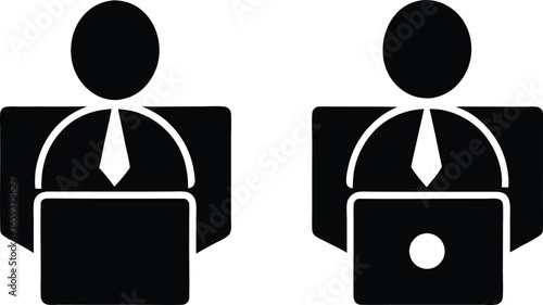 Working Icons Two People at Desks with Laptops, Representing Productivity and Office Work