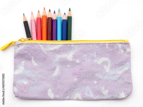 Colorful pencils in a pastel purple pencil case on white background  