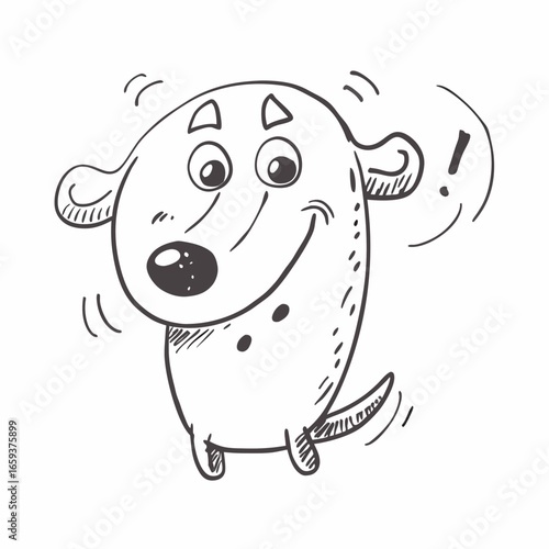 Joyful puppy cartoon character wagging tail with excitement, radiating happiness and playful energy, ideal for children's books, greeting cards, and cheerful designs