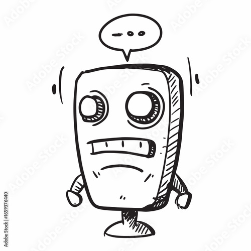 Expressive robot doodle ponders existence, offering a humorous take on AI and technology with a touch of hand-drawn charm for a unique and engaging visual, originally a scalable graphic