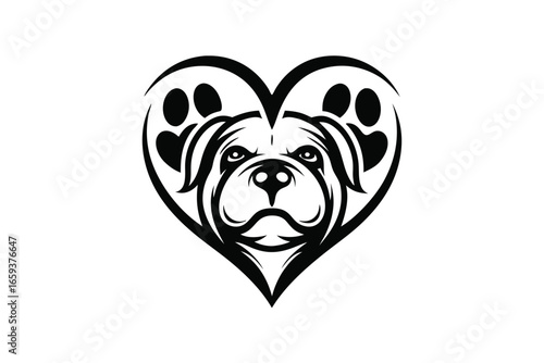 of Dog Face with Paw Prints Heart Shape, Cute Pet Mascot on White