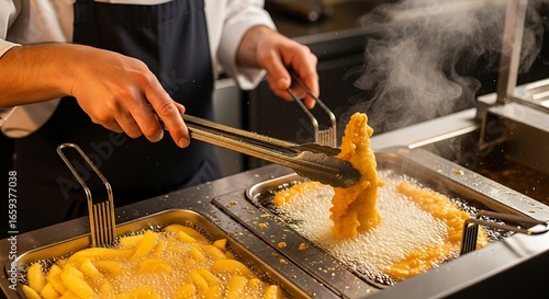 Professional Chef Deep Frying Food in Commercial Kitchen.