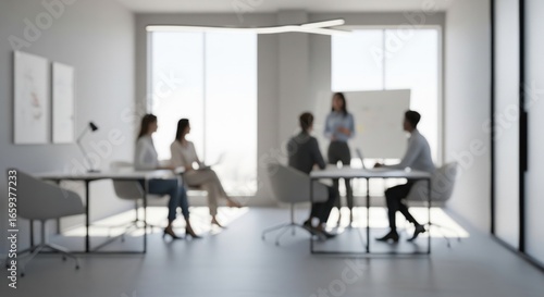 Blurred office workspace, interior workplace with cityscape for business presentation background