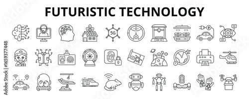 30 Futuristic Technology Line Icons Vector - AI, Super Brain, Intelligence Assistant, 3D Printer, Cyborg, Drone Delivery, 5G internet, Eco House