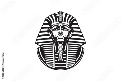 Monochrome of Pharaoh's Iconic Mask with Nemes Headdress on White