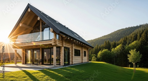 Beautifully crafted modern house design, cabin in the mountains, exterior visualization