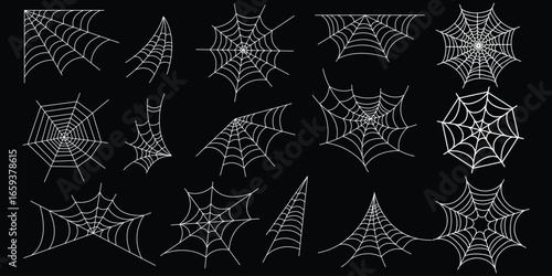 Collection of intricate spiderweb patterns displaying detailed webs in various forms black background