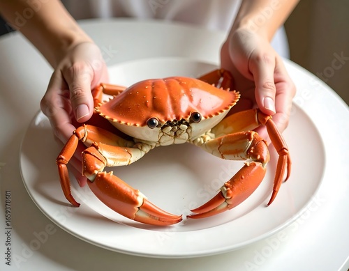 Hands holding a cooked crab on a plate