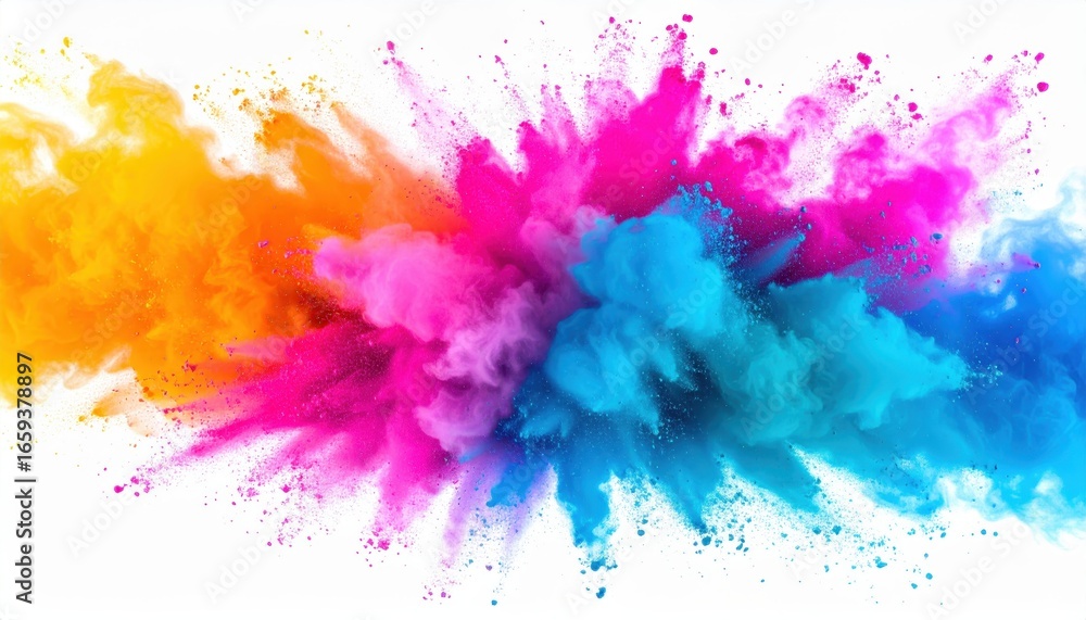 Fototapeta premium Dynamic burst of colorful powder creating an abstract art piece with vibrant hues on a white background.