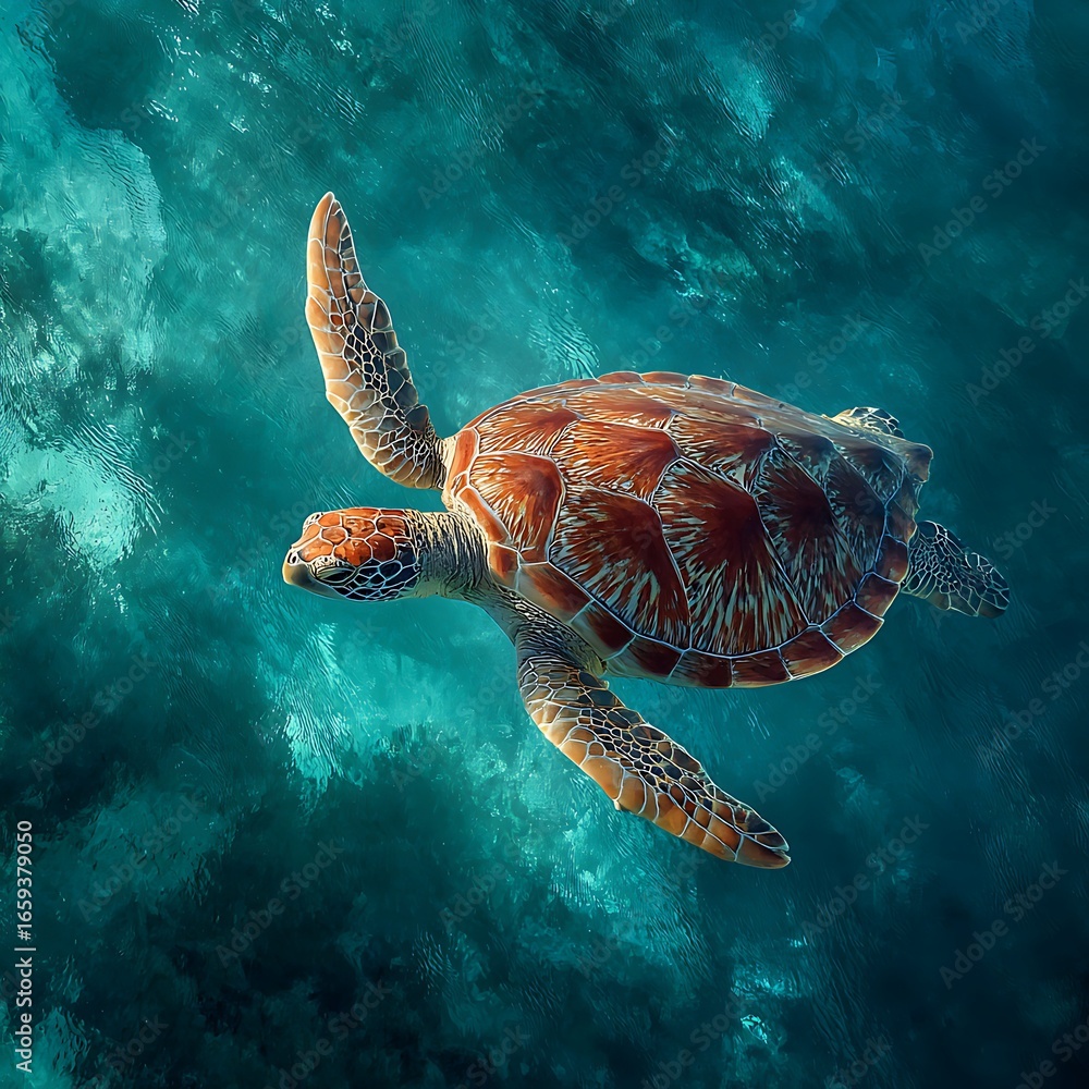 Fototapeta premium Sea turtle swimming underwater ocean life wildlife marine animal aquatic species conservation endangered species