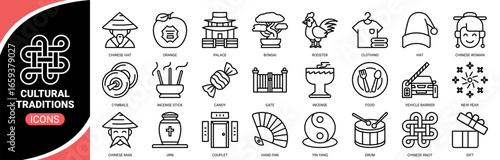 Cultural Traditions icon set. Containing icon of chinese knot, chinese hat, new year, gift, drum and more. Perfect pixel, Outline vector icons collection.