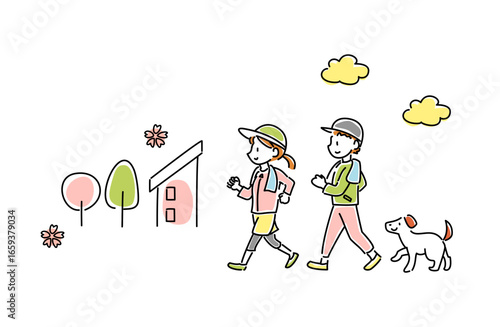 春にウォーキングをする男女と犬のベクターイラスト