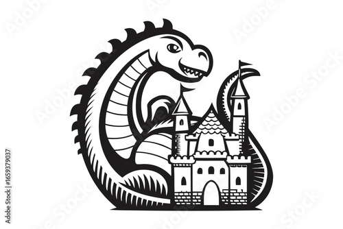 Monochrome Dragon with Spikes Coiling Around Cartoon Style Castle