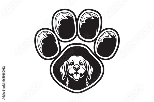 Paw Print with Golden Retriever on White Background, Dog Portrait Icon