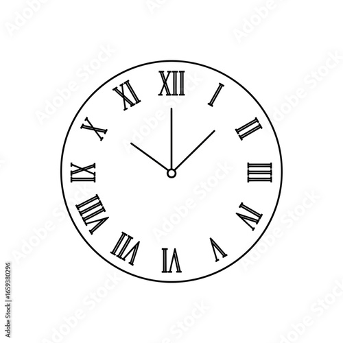 Clock face with roman numerals and hands indicating a time on white background.