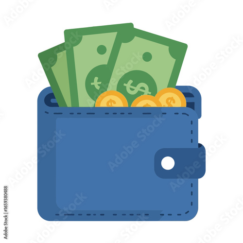 Blue wallet with green banknotes and gold coins illustration on white background.