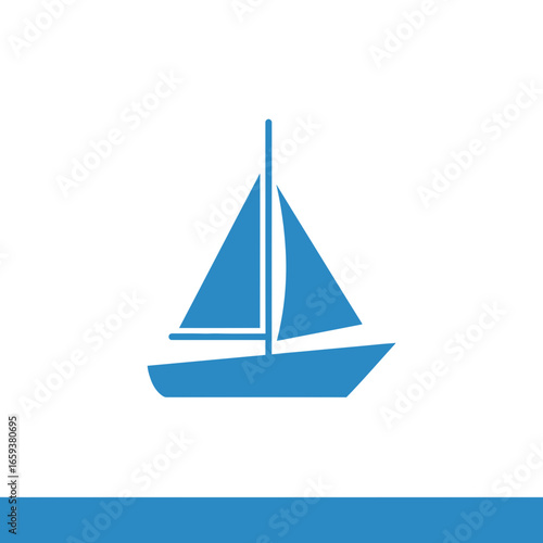 Blue sailboat icon on white background with blue horizontal line.