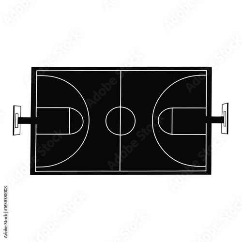 Basketball Court Overview Silhouette, Vector, Illustration, Outline, Line Art, Icon, White Background.