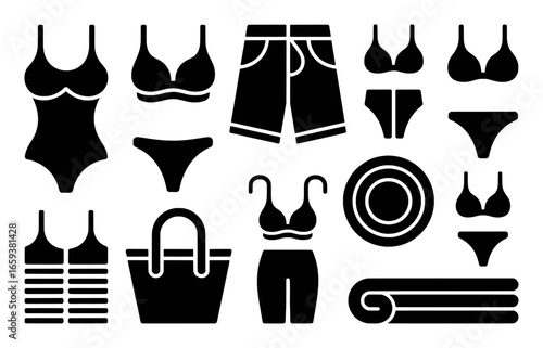 Assortment of black silhouette beachwear and accessories icons on a white background Keywords: swimwear, bikini, swimsuit, one piece swimsuit