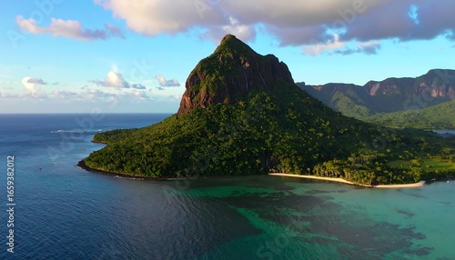 Lush island peak at sunrise