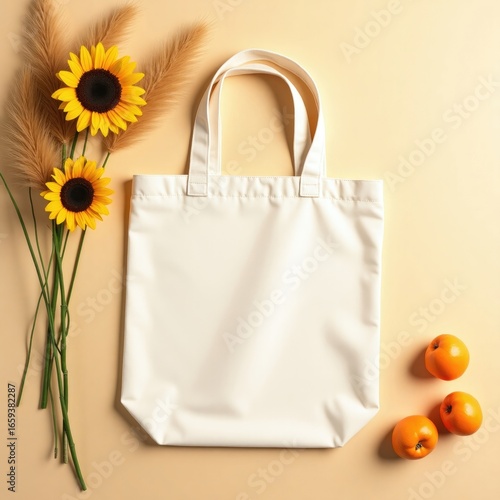 A white tote bag sitting on a white table next to a vase of pink and white dried flowers indoors tote bag mockup