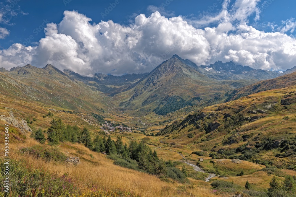 Fototapeta premium Alpine valley, mountain village, vibrant colors, sunny day