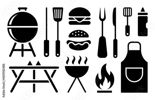 Barbecue Grill And Food Icons Set With Grills Burgers Hot Dogs And Utensils hamburger