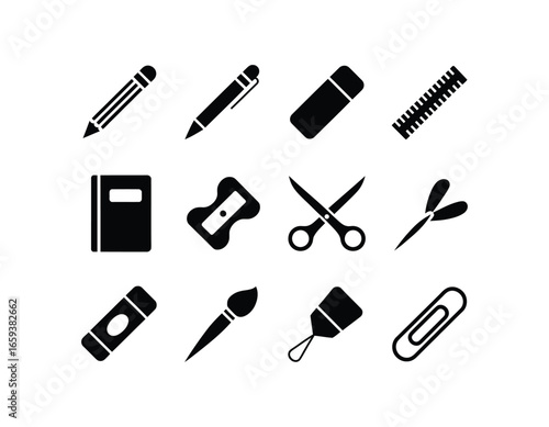 Black and White Education and Stationery Icon Set Illustration for Back to School Resources and Creative Projects