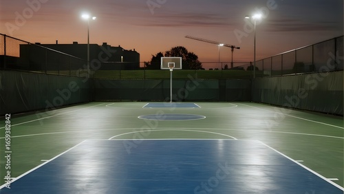 Outdoor Basketball Court at Dusk with Illuminated Lighting