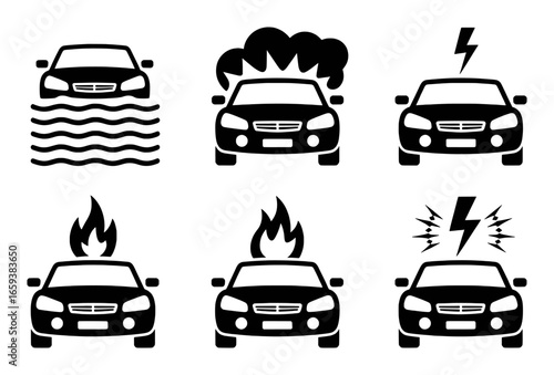 Car Accident and Damage Icons Including Fire, Water, and Electrical Damage vector illustration