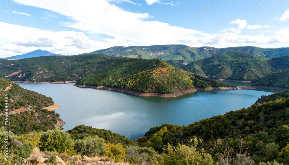 Naklejka premium Panoramic view of a serene mountain lake
