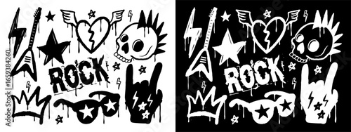 Rock and roll punk hand drawn grunge doodle set in graffiti style with guitar, skull, broken heart, wings, crown, sunglasses, stars, lightning, and rock hand gesture. Vector illustration