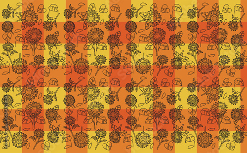 Abstract pattern line of sunflower on orange color background.