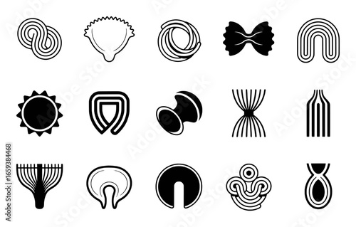 Collection of black and white Italian pasta shapes and designs on a white background italian food