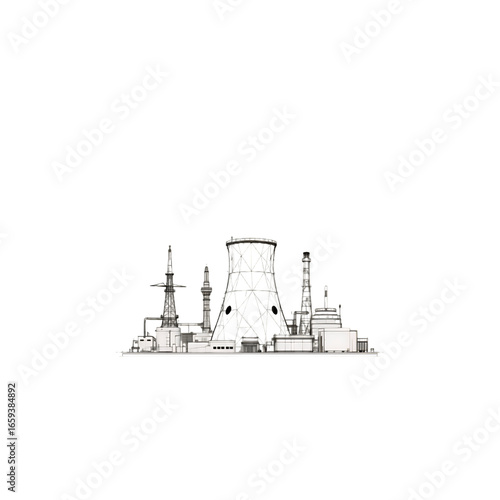 Industrial complex with cooling tower and stacks detailed line drawing