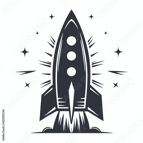 Monochrome Rocket Taking Off with Stars and Smoke, on White