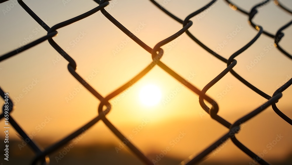 Naklejka premium A close up of a chain link fence with a bright sun shining through the background at sunset time