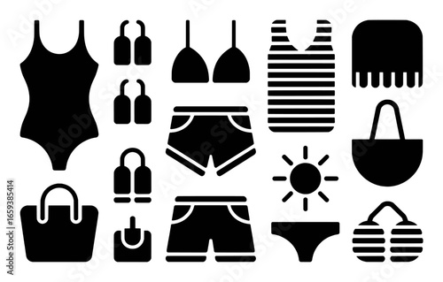 Collection of black silhouette icons for beachwear and summer accessories Keywords: swimsuit, one-piece swimsuit, bikini top, bikini bottom