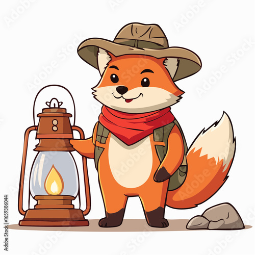 Adventurous fox scout with lantern, ready for camping, cute and charming, vector illustration, fun outdoors
