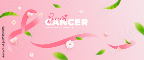 Breast cancer awareness month banner with pink ribbon element