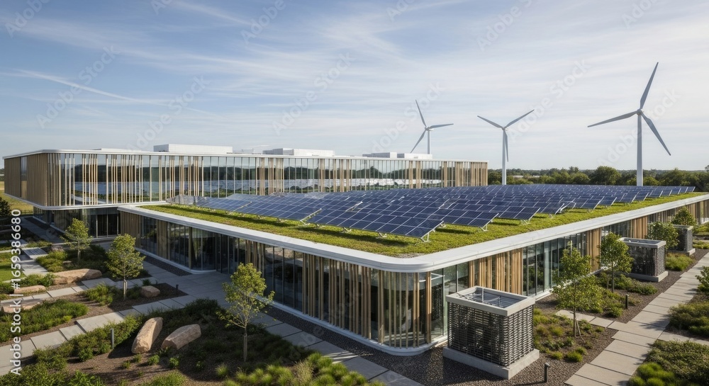 Modern Sustainable Building with Solar Panels and Wind Turbines Modern Sustainable Building with Solar Panels and Wind Turbines