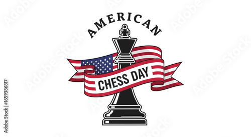American Chess Day vector illustration with a king piece and a patriotic USA flag banner for a national holiday celebration event.