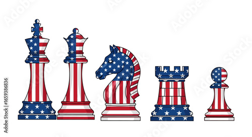 American flag chess pieces representing national strategy and global power. This graphic artwork symbolizes leadership, geopolitical dynamics, and international competition concepts.