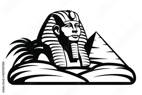 Monochrome of Egyptian Sphinx with Pyramid on a White Background